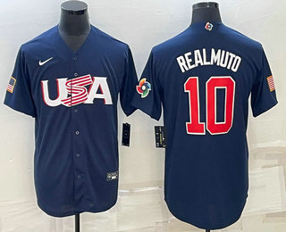 Men%27s USA Baseball #10 JT Realmuto 2023 Navy World Baseball Classic Stitched Jersey